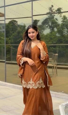 FusionArt Craft Women's Georgette Sequence Moti Work Straight Kurti With Salwar and Dupatta Set in Saudi Arabia