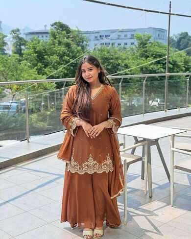 FusionArt Craft Women's Georgette Sequence Moti Work Straight Kurti With Salwar and Dupatta Set in Saudi Arabia