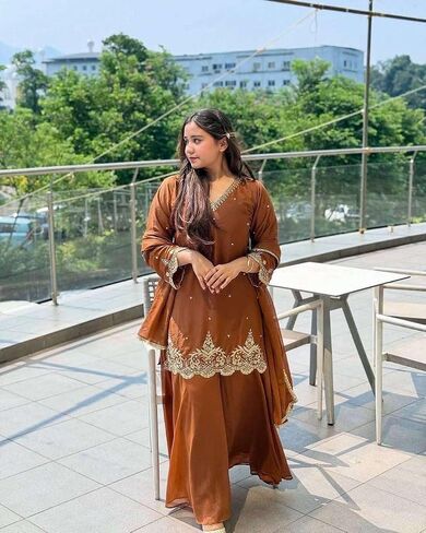 FusionArt Craft Women's Georgette Sequence Moti Work Straight Kurti With Salwar and Dupatta Set in Saudi Arabia
