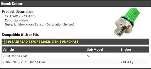 Ignition Knock Sensor - Compatible with 2006-2011 Honda Civic Si 2.0L 4-Cylinder in Saudi Arabia