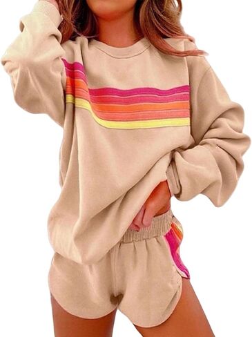 2 Piece Lounge Sets for Women Rainbow Striped Tops Casual Shorts Color Blocked Sweat Suits Matching Set Tracksuit in Saudi Arabia