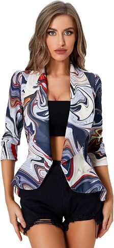 Women's Printed Jacket Open Front Blazer 3/4 Sleeve Ruffle Outerwear in Saudi Arabia