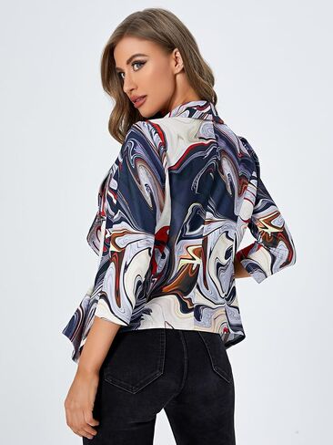Women's Printed Jacket Open Front Blazer 3/4 Sleeve Ruffle Outerwear in Saudi Arabia