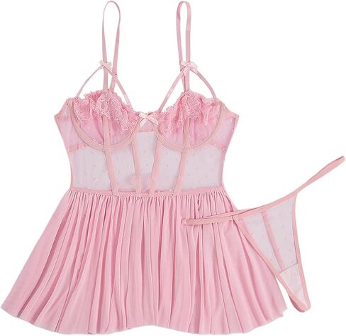 Women's 2 Piece Lingerie Set Mesh Sheer Lace Bow Knot Babydoll Mini Dress with Thong in Saudi Arabia