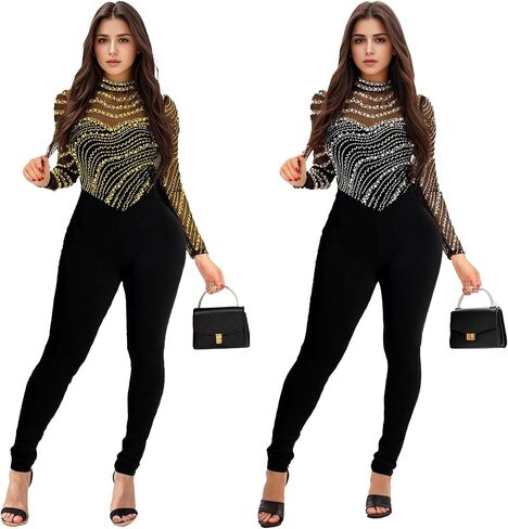 PORRCEY Sexy Jumpsuit for Women Sparkly Rhinestone Mesh See Through Hot Drilling Process Bodycon Party Club Night Romper in Kuwait