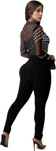 PORRCEY Sexy Jumpsuit for Women Sparkly Rhinestone Mesh See Through Hot Drilling Process Bodycon Party Club Night Romper in Kuwait