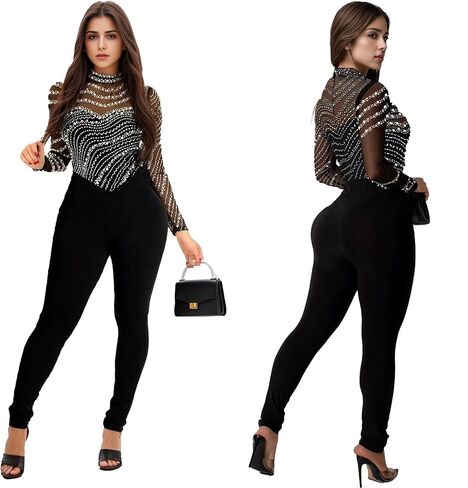 PORRCEY Sexy Jumpsuit for Women Sparkly Rhinestone Mesh See Through Hot Drilling Process Bodycon Party Club Night Romper in Kuwait