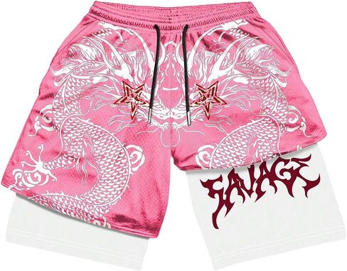 GORGLITTER Men's Dragon Graphic Track Shorts Color Block 2 in 1 Athletic Basketball Running Gym Shorts in Saudi Arabia