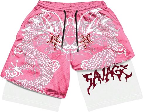 GORGLITTER Men's Dragon Graphic Track Shorts Color Block 2 in 1 Athletic Basketball Running Gym Shorts in Saudi Arabia