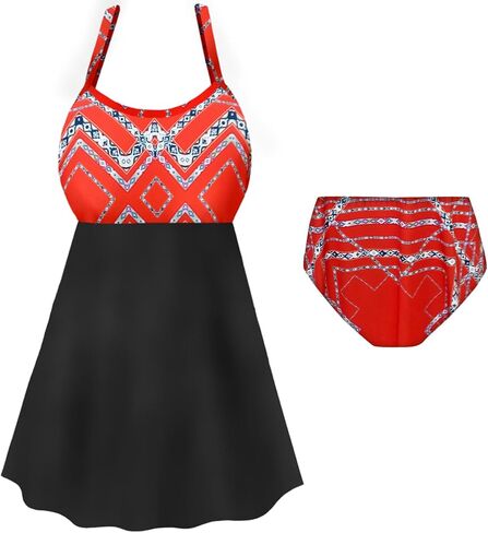 Plus Size Womens Swimsuit Orange Print Two-Piece Babydoll Swimdress in Kuwait