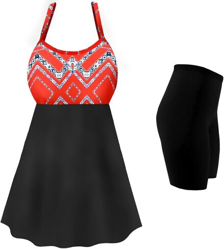 Plus Size Womens Swimsuit Orange Print Two-Piece Babydoll Swimdress in Kuwait