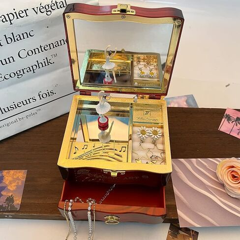 Rotating Ballerina Music Box Jewelry Storage with Mirror & Organizer - Elegant Ballet-Themed Gift for Girls & Women, Perfect for Birthdays, Christmas, or Special Occasions (White, Small) in Kuwait
