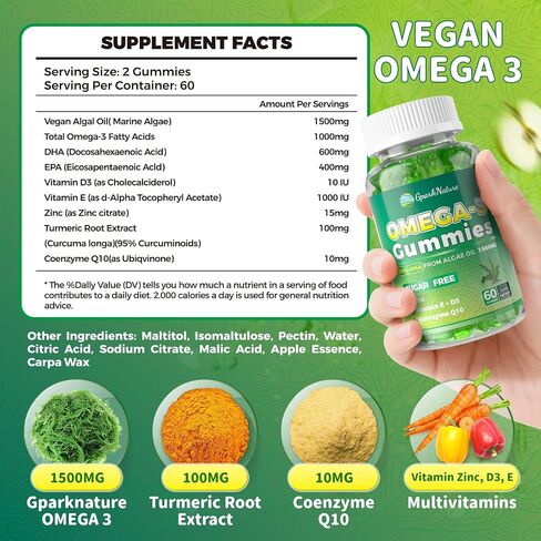 Omega 3 Fatty Acid Supplements for Woman,Vegen Omega-3 Supplement Gummies 1500Mg from Algae 0il(DHA 600mg & EPA 300mg), Turmeric Gummy for Adults, Vitamins D3, E, Zinc & MSM, Sugar Free in Saudi Arabia
