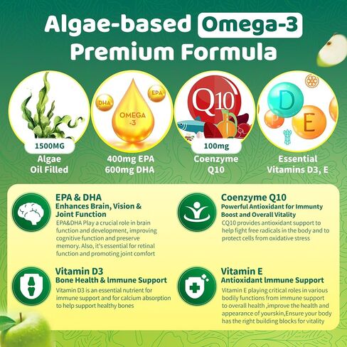 Omega 3 Fatty Acid Supplements for Woman,Vegen Omega-3 Supplement Gummies 1500Mg from Algae 0il(DHA 600mg & EPA 300mg), Turmeric Gummy for Adults, Vitamins D3, E, Zinc & MSM, Sugar Free in Saudi Arabia