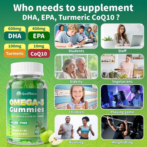 Omega 3 Fatty Acid Supplements for Woman,Vegen Omega-3 Supplement Gummies 1500Mg from Algae 0il(DHA 600mg & EPA 300mg), Turmeric Gummy for Adults, Vitamins D3, E, Zinc & MSM, Sugar Free in Saudi Arabia