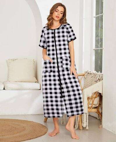 Ekouaer Women Robes Zipper Front Short Sleeve Full Length Housecoat with Pockets Loungewear S-4XL in Saudi Arabia