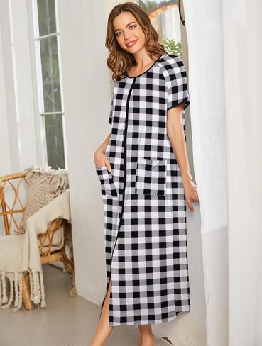 Ekouaer Women Robes Zipper Front Short Sleeve Full Length Housecoat with Pockets Loungewear S-4XL in Saudi Arabia