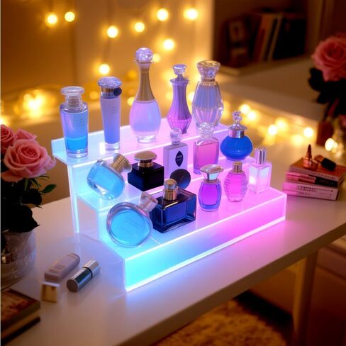 حامل عرض شفاف 12 بوصة مع ضوء LED، منظم أكريليك للعطور والأشكال والكب كيك والحلوى وحامل الكولونيا وحامل عرض سطح المكتب للتنظيم والديكور in Saudi Arabia
