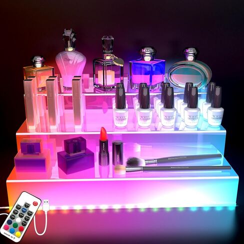 حامل عرض شفاف 12 بوصة مع ضوء LED، منظم أكريليك للعطور والأشكال والكب كيك والحلوى وحامل الكولونيا وحامل عرض سطح المكتب للتنظيم والديكور in Saudi Arabia