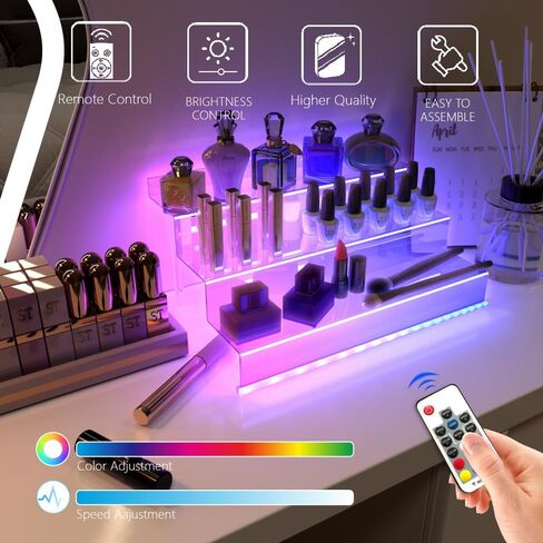 حامل عرض شفاف 12 بوصة مع ضوء LED، منظم أكريليك للعطور والأشكال والكب كيك والحلوى وحامل الكولونيا وحامل عرض سطح المكتب للتنظيم والديكور in Saudi Arabia