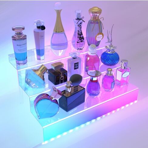 حامل عرض شفاف 12 بوصة مع ضوء LED، منظم أكريليك للعطور والأشكال والكب كيك والحلوى وحامل الكولونيا وحامل عرض سطح المكتب للتنظيم والديكور in Saudi Arabia