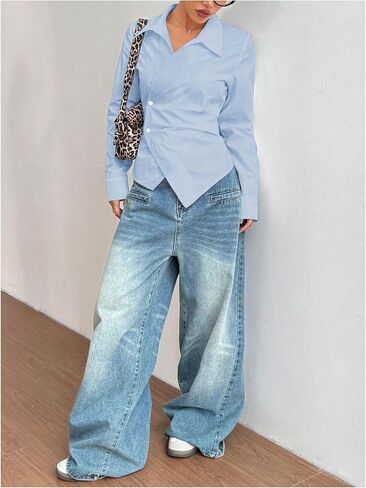 SOLY HUX Women's Wrap Button Down Blouse Long Sleeve Shirts Asymmetrical Going Out Tops Office Outfits in Saudi Arabia