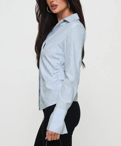 قمصان مخططة بأزرار للأسفل للنساء Y2K بأكمام طويلة وياقة على شكل V بلوزة بياقة علوية قطع علوية جمالية in Kuwait