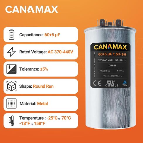Canamax 60+10 uf 370-440 VAC ±5% Dual Round Run Start Capacitor - Replacement for AC Motor Run or Fan Start or Condenser Straight in Kuwait