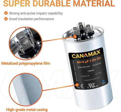 Canamax 60+10 uf 370-440 VAC ±5% Dual Round Run Start Capacitor - Replacement for AC Motor Run or Fan Start or Condenser Straight in Kuwait