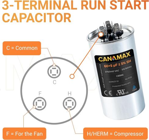 Canamax 60+10 uf 370-440 VAC ±5% Dual Round Run Start Capacitor - Replacement for AC Motor Run or Fan Start or Condenser Straight in Kuwait