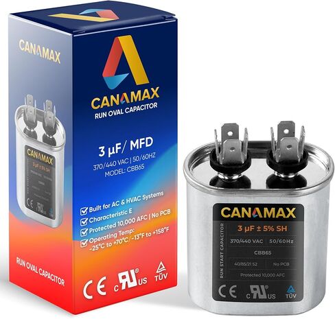Canamax 60+10 uf 370-440 VAC ±5% Dual Round Run Start Capacitor - Replacement for AC Motor Run or Fan Start or Condenser Straight in Kuwait