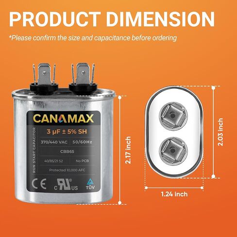Canamax 60+10 uf 370-440 VAC ±5% Dual Round Run Start Capacitor - Replacement for AC Motor Run or Fan Start or Condenser Straight in Kuwait