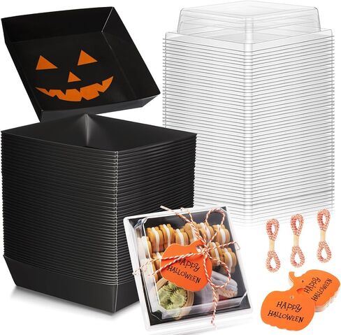 Yaomiao 50 Pcs Halloween Pumpkin Charcuterie Boxes with Ropes and Cards Square Disposable Paper Food Containers Orange Dessert Boxes for Cake Cookie Sandwich Goodie Halloween Party Gifts in Saudi Arabia