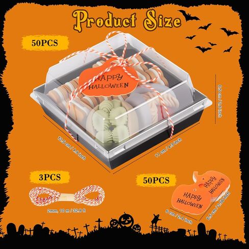 Yaomiao 50 Pcs Halloween Pumpkin Charcuterie Boxes with Ropes and Cards Square Disposable Paper Food Containers Orange Dessert Boxes for Cake Cookie Sandwich Goodie Halloween Party Gifts in Saudi Arabia