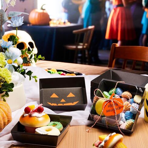 Yaomiao 50 Pcs Halloween Pumpkin Charcuterie Boxes with Ropes and Cards Square Disposable Paper Food Containers Orange Dessert Boxes for Cake Cookie Sandwich Goodie Halloween Party Gifts in Saudi Arabia