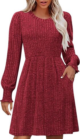 Womens Long Sleeve Sweater Dresses Round Neck Ribbed Knit Smocked Cuff Mini Dress with Pockets Casual Solid Outfits in Saudi Arabia