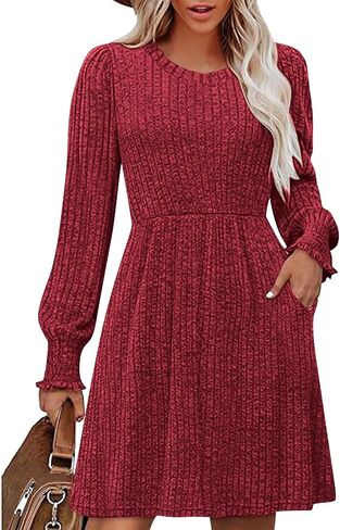 Womens Long Sleeve Sweater Dresses Round Neck Ribbed Knit Smocked Cuff Mini Dress with Pockets Casual Solid Outfits in Saudi Arabia