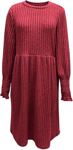Womens Long Sleeve Sweater Dresses Round Neck Ribbed Knit Smocked Cuff Mini Dress with Pockets Casual Solid Outfits in Saudi Arabia