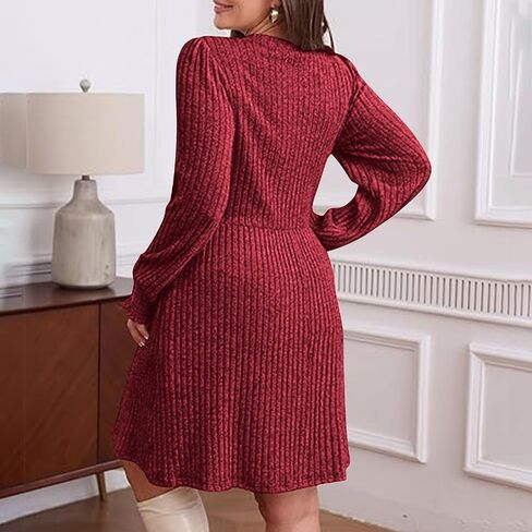 Womens Long Sleeve Sweater Dresses Round Neck Ribbed Knit Smocked Cuff Mini Dress with Pockets Casual Solid Outfits in Saudi Arabia