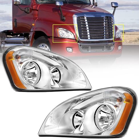 Headlights Assembly Compatible with 2008-2016 Freightliner Cascadia, Halogen Headlamps Assembly, Chrome Housing Clear Lens (Pair) in Kuwait
