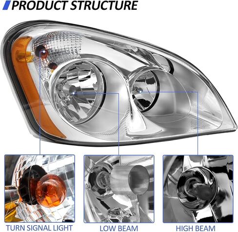 Headlights Assembly Compatible with 2008-2016 Freightliner Cascadia, Halogen Headlamps Assembly, Chrome Housing Clear Lens (Pair) in Kuwait