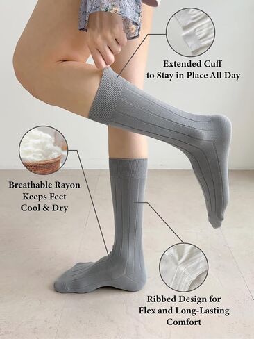 Thin Crew Socks for Women, Soft Breathable Bamboo Rayon Fashion Socks, Pastel Aesthetic Ribbed Dress Autumn Socks – 6 Pairs (Size 5-9), Perfect for Uggs in Saudi Arabia