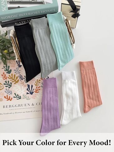 Thin Crew Socks for Women, Soft Breathable Bamboo Rayon Fashion Socks, Pastel Aesthetic Ribbed Dress Autumn Socks – 6 Pairs (Size 5-9), Perfect for Uggs in Saudi Arabia