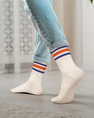 6 Pairs Retro Striped Crew Socks Classic Athletic Running Sporty Calf Casual Cotton Socks for Men Women in Saudi Arabia
