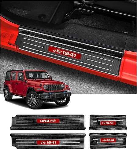 4PCS Door Sill Guards for Jeep 2018-2025 Wrangler JL JLU & 2020-2025 Gladiator JT Accessories Stainless Steel Material Red Trim Door Sill Protector Black Brushed Front Rear Door Entry Guard in Kuwait