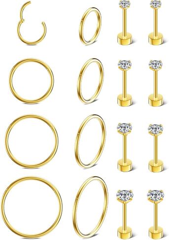 8 Pairs Hypoallergenic Stud Hoop Earrings Set for Women men-Silver 14K Gold Surgical Steel Seamless Earrings,Dainty Small Flat Back earrings for Cartilage Helix Tragus Multiple Piercing Jewelry in Saudi Arabia