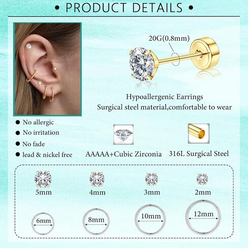 8 Pairs Hypoallergenic Stud Hoop Earrings Set for Women men-Silver 14K Gold Surgical Steel Seamless Earrings,Dainty Small Flat Back earrings for Cartilage Helix Tragus Multiple Piercing Jewelry in Saudi Arabia