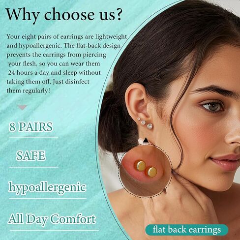 8 Pairs Hypoallergenic Stud Hoop Earrings Set for Women men-Silver 14K Gold Surgical Steel Seamless Earrings,Dainty Small Flat Back earrings for Cartilage Helix Tragus Multiple Piercing Jewelry in Saudi Arabia