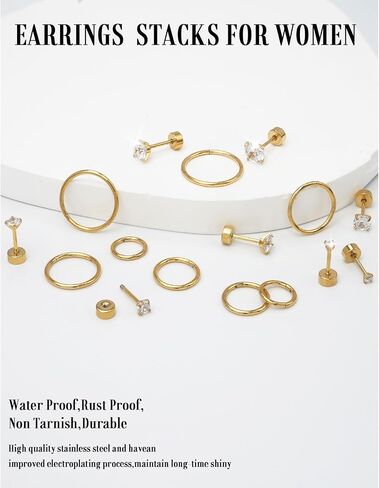 8 Pairs Hypoallergenic Stud Hoop Earrings Set for Women men-Silver 14K Gold Surgical Steel Seamless Earrings,Dainty Small Flat Back earrings for Cartilage Helix Tragus Multiple Piercing Jewelry in Saudi Arabia