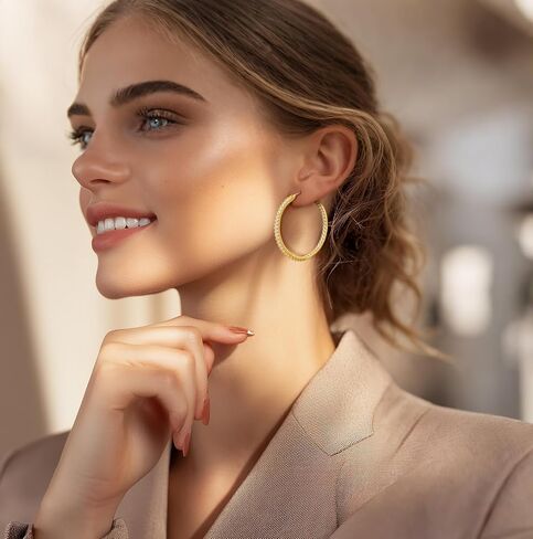 NICRET 14K أقراط طارة ذهب للنساء هوب أقراط مزدوجة الماس الأطواق القرط كبير الأطواق الذهبية القرط 40*2 مللي متر in Kuwait